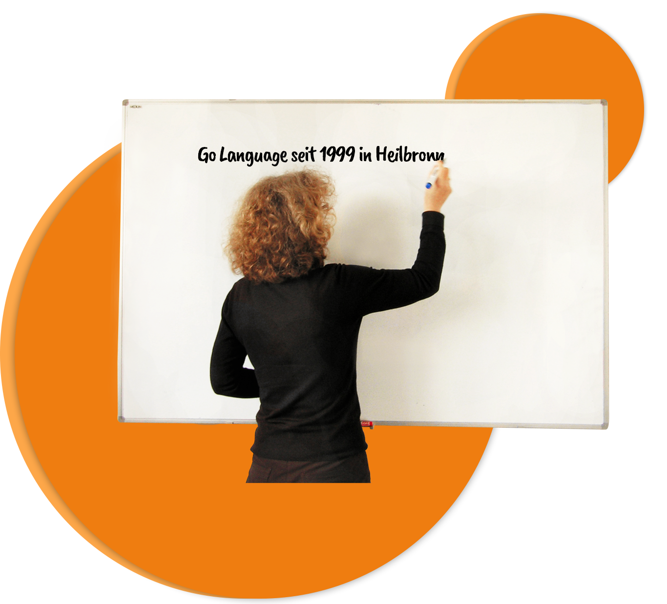 Frau Peukert, Inhaberin der Sprachschule Go Language Heilbronn, schreibt an die Tafel, Sprachkurse für Firmen stehen bei Go Language im Vordergrund